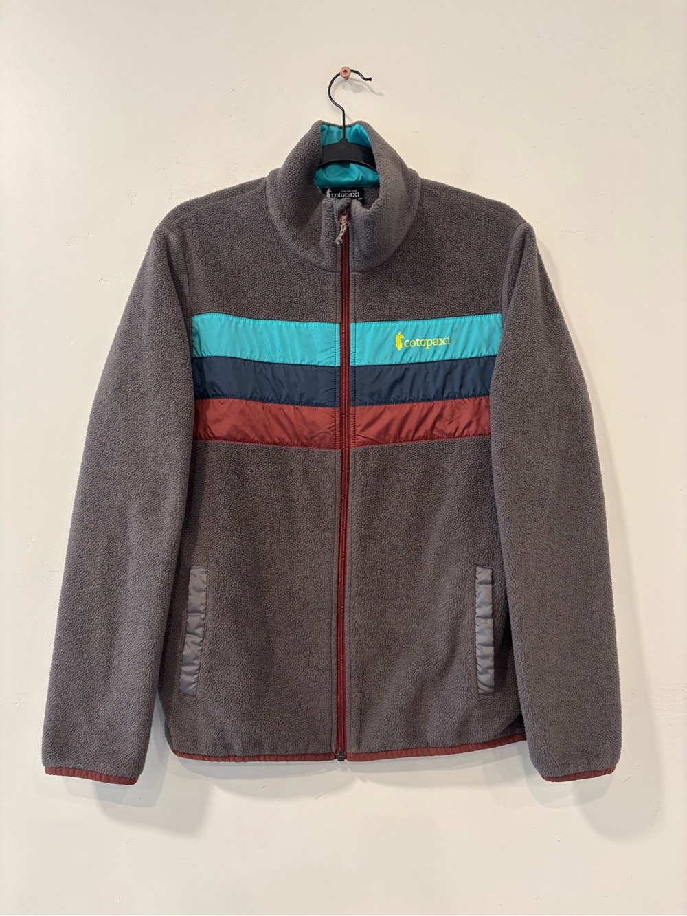 cotopaxi Men's Gray Fleece Zip-Up Jacket with Turquoise, Navy & Rust Stripes